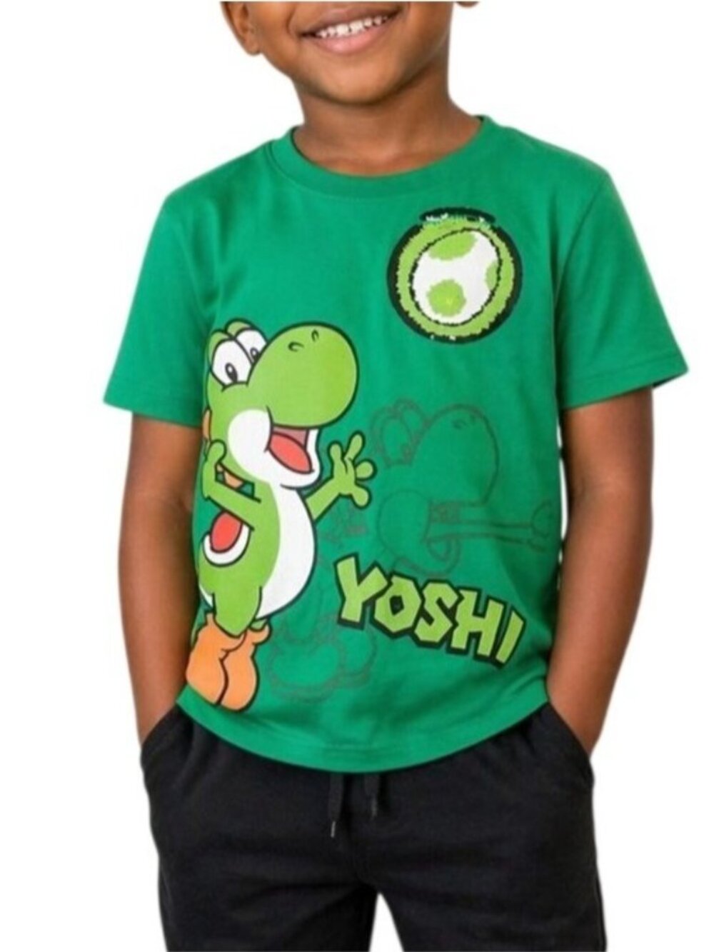 Super Mario Yoshi Kids Size Small 5/6 Shirt Flip Sequin Egg Graphic Nintendo